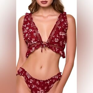 HAUTY Printed Chiffon Burgundy Red & White Floral Bralette Set Medium